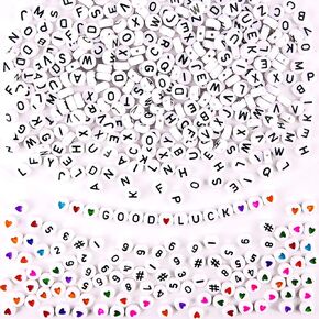 FEPITO 1800pcs White Round Letter Beads Acrylic Number Beads Love Heart and Alphabet Beads with 1 Roll Elastic Crystal String Cord for Jewelry Making DIY Necklace Bracelet