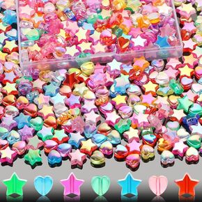 EVERMARKET Cute Bracelets - Acrylic Star & Heart Beads for Jewelry Making, Bulk Pack of 400 Pcs with 11mm Stars, 9mm Hearts, Crystal Spacers (Colorful)