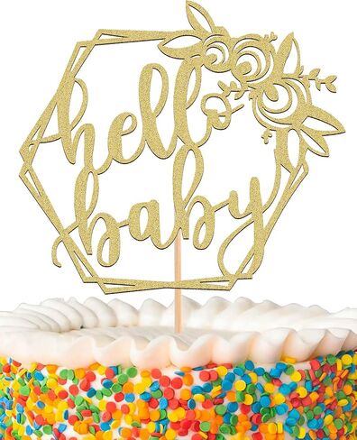 MYAMPED Hello Baby Cake Topper - Glitter Golden Baby Birthday Cake Decorating Supplies, Perfect for Baby Shower Favors, Baby Gender Reveal, Baby Birthday Party or Baby Photo Booth Props in Kuwait