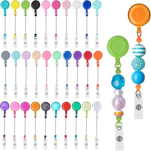 30 Pcs Beadable DIY Badge Holder Set Heavy Duty Retractable Keychain Badge Reel Clips ID Name Badge Clip with Belt Clip Blank Jewelry DIY Gift for Office Worker Doctor Nurse Employee Supplies in Kuwait