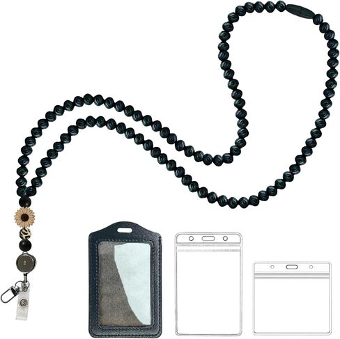 Wood Cute Beaded Teacher Lanyard with ID Holder Retractable Breakaway Badge Lanyards for ID Badges for Women Cute (Ebony-2) in Kuwait