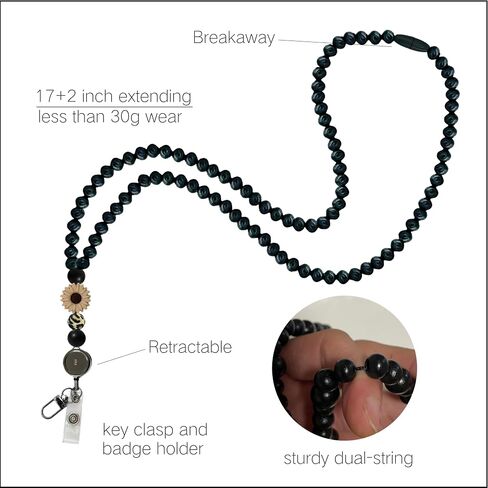 Wood Cute Beaded Teacher Lanyard with ID Holder Retractable Breakaway Badge Lanyards for ID Badges for Women Cute (Ebony-2) in Kuwait