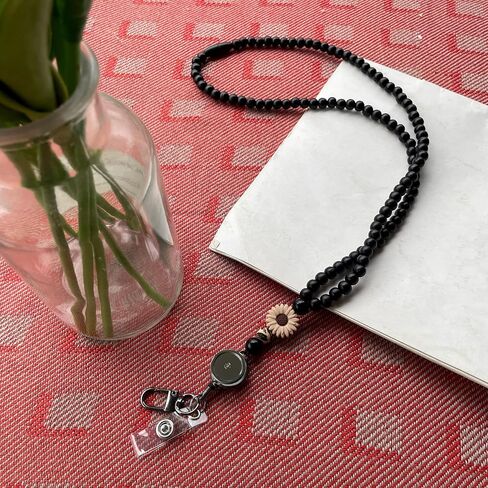 Wood Cute Beaded Teacher Lanyard with ID Holder Retractable Breakaway Badge Lanyards for ID Badges for Women Cute (Ebony-2) in Kuwait
