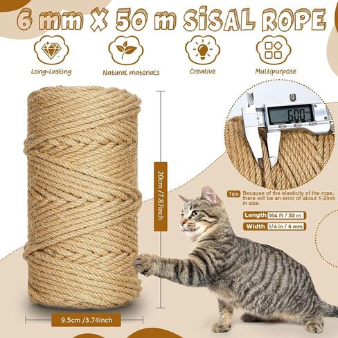 164 قدم/50 م حبل سيسال لخدش القط ، و 1/4 بوصة/6 مم من خيوط سميكة للقط خدش Cat Post Tree Projects DIY Craft ، حبل Jute مع 4 ألوان عشوائية Cat Toys in Kuwait