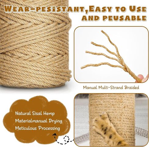 164 قدم/50 م حبل سيسال لخدش القط ، و 1/4 بوصة/6 مم من خيوط سميكة للقط خدش Cat Post Tree Projects DIY Craft ، حبل Jute مع 4 ألوان عشوائية Cat Toys in Kuwait