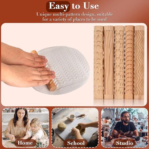 Lzttyee Set of 10 Wooden Handle Pottery Tools Clay Modeling Pattern Rollers Kit Brown (Set of 10) in Saudi Arabia