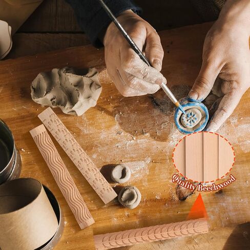 Lzttyee Set of 10 Wooden Handle Pottery Tools Clay Modeling Pattern Rollers Kit Brown (Set of 10) in Saudi Arabia
