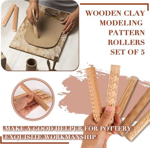 Lzttyee Set of 10 Wooden Handle Pottery Tools Clay Modeling Pattern Rollers Kit Brown (Set of 10) in Saudi Arabia