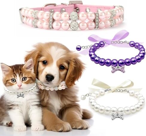 3 PCS Dog Cat Pearl Pearl مع عظام حجر الراين ، Pu Leather Pearl Necklace Joldars Cholars ، Puppy Pearl Purl Cats and Dogs accessories for Cats and Dogs Birthday ، Party (S) in Saudi Arabia