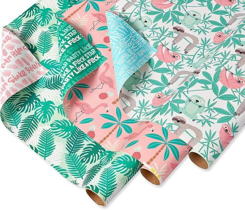 American Greetings Reversible Wrapping Paper for Graduation, Birthdays and All Occasions, Flamingo, Palms and Sloths (3 Rolls, 120 sq. ft.) in Saudi Arabia