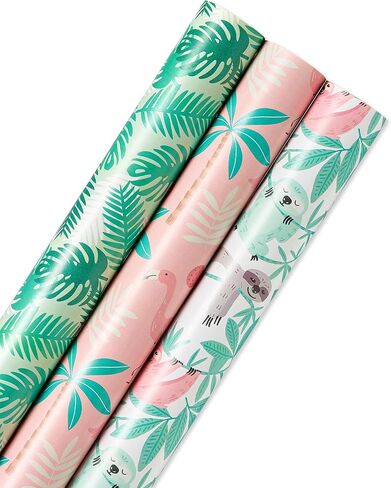 American Greetings Reversible Wrapping Paper for Graduation, Birthdays and All Occasions, Flamingo, Palms and Sloths (3 Rolls, 120 sq. ft.) in Saudi Arabia
