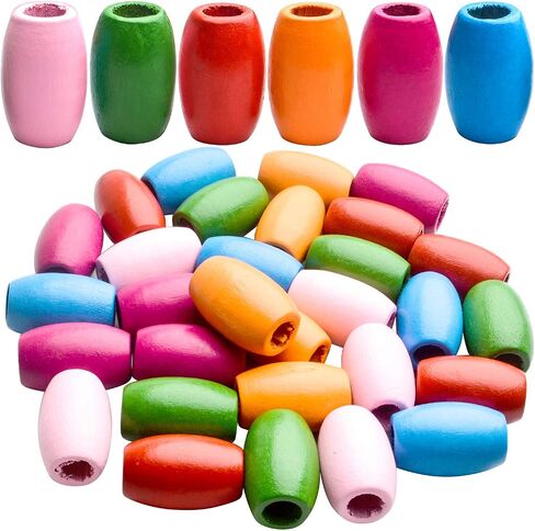 Wooden Oval Beads, 30 Pcs - Colorful, Large Hole, Tube & Barrel Shapes - DIY Bracelet & Necklace Craft in Kuwait