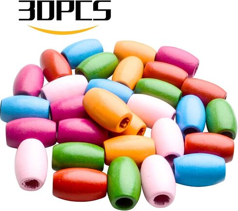 Wooden Oval Beads, 30 Pcs - Colorful, Large Hole, Tube & Barrel Shapes - DIY Bracelet & Necklace Craft in Kuwait