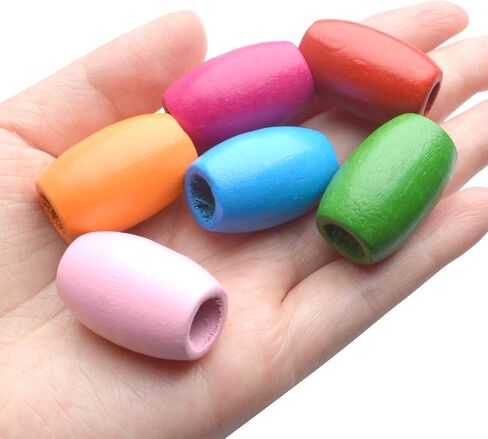 Wooden Oval Beads, 30 Pcs - Colorful, Large Hole, Tube & Barrel Shapes - DIY Bracelet & Necklace Craft in Kuwait