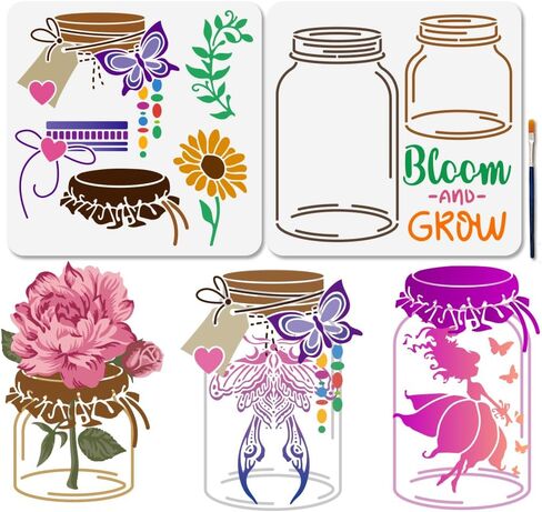 MAYJOYDIY 2Pcs Mason Jar Flowers Stencils for Painting 11.8×11.8inch with Paint Brush Reusable Vase Branches Butterfly Stencils Templates for Wood Wall Window DIY Craft Home Decor in Saudi Arabia