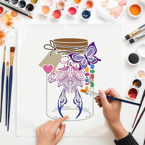 MAYJOYDIY 2Pcs Mason Jar Flowers Stencils for Painting 11.8×11.8inch with Paint Brush Reusable Vase Branches Butterfly Stencils Templates for Wood Wall Window DIY Craft Home Decor in Saudi Arabia