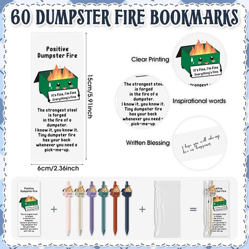 60 Sets Dumpster Fire Gifts Funny Ballpoint Pens and Bookmarks Employee Emotional Support Appreciation Gifts Bulk for Office Coworkers Staff Team in Saudi Arabia