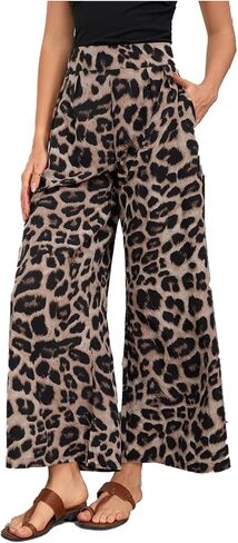 بنطال SweatyRocks النسائي بطبعة جلد الفهد عالي الخصر وواسع الساق، بنطال طويل كاجوال in Kuwait