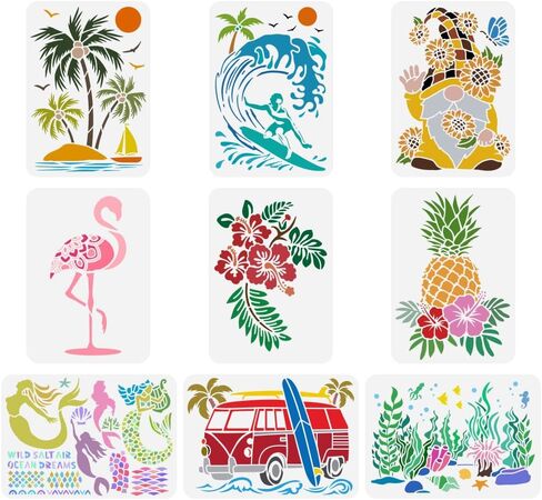 FINGERINSPIRE 9 pcs Summer Animal Plant Painting Stencil 8.3x11.7inch Reusable Flamingo Palm Tree Surf Gnome Hibiscus Pineapple Mermaid Drawing Template for Painting on Wood Wall Fabric Furniture in Saudi Arabia