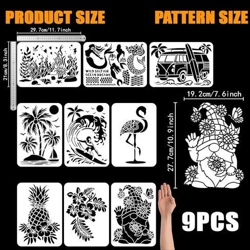 FINGERINSPIRE 9 pcs Summer Animal Plant Painting Stencil 8.3x11.7inch Reusable Flamingo Palm Tree Surf Gnome Hibiscus Pineapple Mermaid Drawing Template for Painting on Wood Wall Fabric Furniture in Saudi Arabia