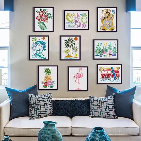 FINGERINSPIRE 9 pcs Summer Animal Plant Painting Stencil 8.3x11.7inch Reusable Flamingo Palm Tree Surf Gnome Hibiscus Pineapple Mermaid Drawing Template for Painting on Wood Wall Fabric Furniture in Saudi Arabia