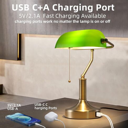 Banker Desk Lamp Green Glass, Antique Desk Lamps with Brass Base, Traditional Library Table Lamp with USB A and Type C Charging Port for Office, Study Room, Pull Chain Switch in Saudi Arabia
