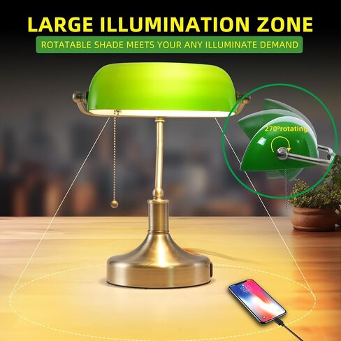 Banker Desk Lamp Green Glass, Antique Desk Lamps with Brass Base, Traditional Library Table Lamp with USB A and Type C Charging Port for Office, Study Room, Pull Chain Switch in Saudi Arabia