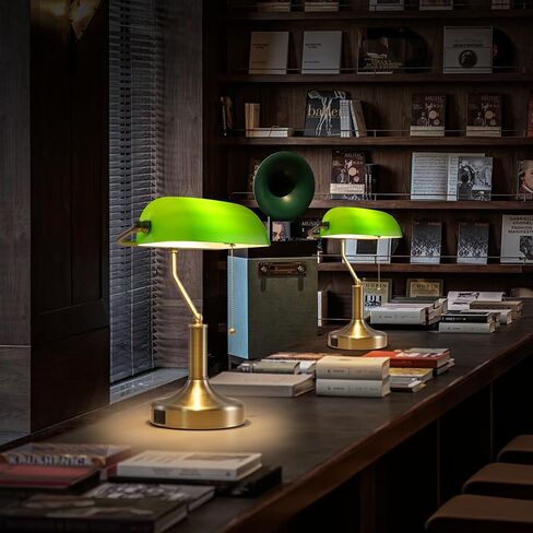 Banker Desk Lamp Green Glass, Antique Desk Lamps with Brass Base, Traditional Library Table Lamp with USB A and Type C Charging Port for Office, Study Room, Pull Chain Switch in Saudi Arabia