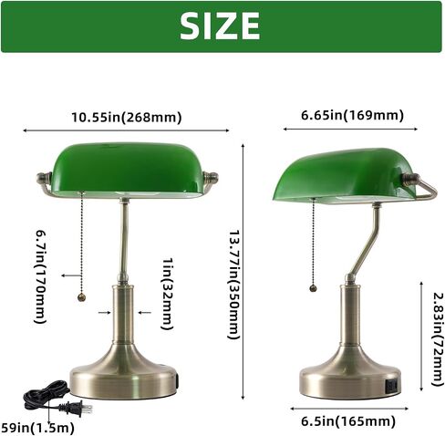 Banker Desk Lamp Green Glass, Antique Desk Lamps with Brass Base, Traditional Library Table Lamp with USB A and Type C Charging Port for Office, Study Room, Pull Chain Switch in Saudi Arabia