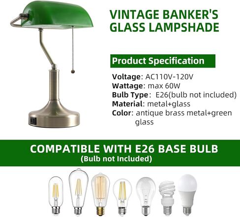 Banker Desk Lamp Green Glass, Antique Desk Lamps with Brass Base, Traditional Library Table Lamp with USB A and Type C Charging Port for Office, Study Room, Pull Chain Switch in Saudi Arabia