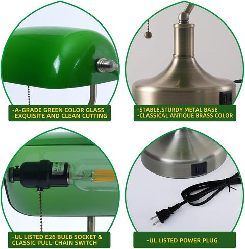 Banker Desk Lamp Green Glass, Antique Desk Lamps with Brass Base, Traditional Library Table Lamp with USB A and Type C Charging Port for Office, Study Room, Pull Chain Switch in Saudi Arabia