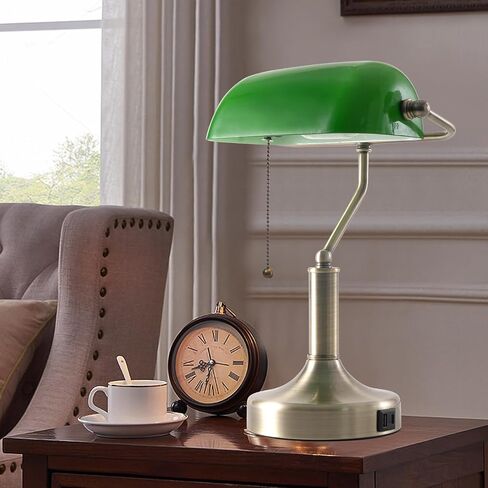 Banker Desk Lamp Green Glass, Antique Desk Lamps with Brass Base, Traditional Library Table Lamp with USB A and Type C Charging Port for Office, Study Room, Pull Chain Switch in Saudi Arabia