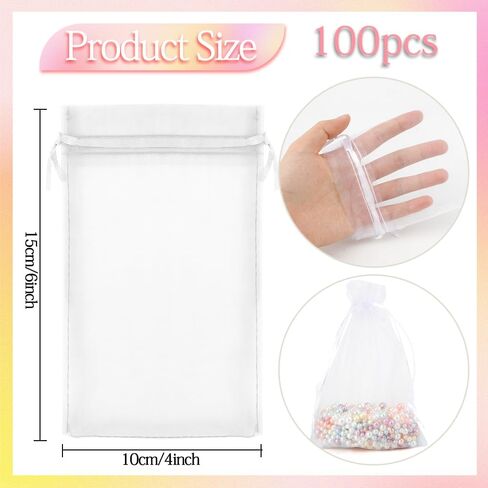 Organza Bags, 100Pcs White Gift Bags Sheer Organza Bags 4x6 Inches Mesh Bags Drawstring Jewelry Gift Bags Bulk Small Candy Bags for Wedding Birthday Valentines Jewelry Festival Soaps Party Favor Bags in Saudi Arabia