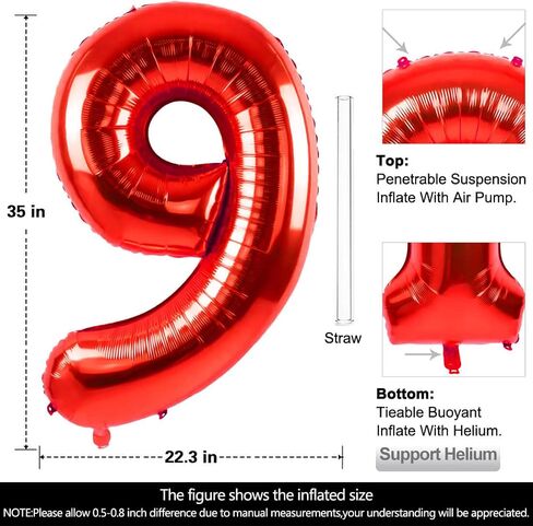 40 Inch Large Red Number 9 Balloon Extra Big Size Jumbo Digit Mylar Foil Helium Balloons for Birthday Party Celebration Decorations Graduations Wedding Anniversary Baby Shower Supplies Photo Shoot in Kuwait
