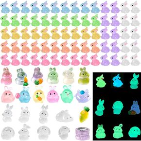 100 Pcs Tiny Rabbit Glow in The Dark Luminous Mini Resin Bunny Miniature Plastics Easter Rabbit Figures for Easter Egg Fillers Party Garden DIY Craft Cake Decoration