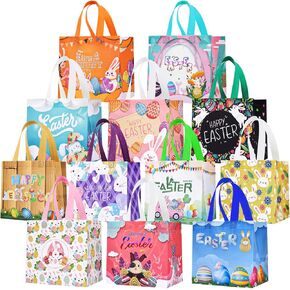 12Pack Easter Bags with Handles, Easter Gift Bags for Kids, 12 Styles Easter Egg Hunt Bags, Non-Woven Easter Bunny Bags, Large Easter Tote Bag for Egg Hunt Game, Easter Party Favors 8.3"×7.9"×5.9"