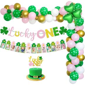 St. Patrick's Day First Birthday Decorations, 95Pcs St. Patrick's Day Balloon Garland Pink Lucky One Banner Girls Irish 12 Month Photo Banner for St. Paddy's Day 1st Birthday Party, Lucky One Birthday