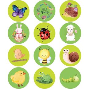 ملصقات Lucleag Hello Hello Spring للأطفال ، ملصقات حشرات الحيوانات الدائرية ، 12 أنماطًا من طراز الربيع ، ملصقات نحلة الفراشة للحلوى الجيدة ، ألصقات هدايا Decord Party Decor