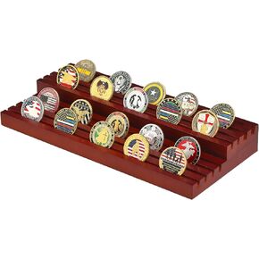 Qozary Challenge Coin Display Stand - Two Tier Solid Wood Coin Display Holder Rack, 8 Rows Military Coin Holder Display, Coin Holder for Display Collectibles Coins