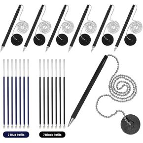 Secure Pen with Adhesive Pen Chain Holder 23-Inch Chain | 7 Black Pens with 7 Black & 7 Blue Refills | Counter Pens with Chain & Base | Ideal for Office, Reception & Public Spaces