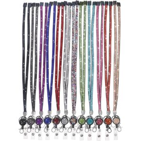 Soleebee 5 in 1 Badge Holder Office Lanyards, 1000pcs+ Bling 14 Facets SS6 Finest Crystal Diamond, 31.5'' ID Lanyard Neck Strap Breakaway Safety Clasp Lanyard with Retractable Badge Reel - 12 Pack