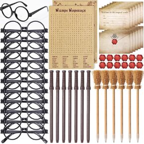 Wizard Party Favors Birthday Supplies for Kids Glasses Magical Wand Witch Broom Pencils Invitation Cards Word Search Game, Halloween School Classroom Prize Gift Wizard Birthday Party Favors Decor