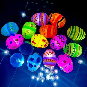 GiftExpress 50 Pcs Pattern Plastic Easter Eggs Non Electronic & 50 Mini Flashing Light Balls Standalone, Preinstalled Batteries – Two Separate Accessories for Glow in the Dark Easter Egg Hunt