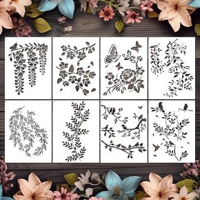 8 PCS Stencils Tree Leaf Vine Stencils for Painting 16 x 12 Inch Large Pattern Art Stencil for Crafts Reusable Bird Branches Templates for DIY Home Decor
