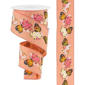 Butterflies and Flowers Wired Edge Ribbon for Spring, Summer, and Easter Bows, Centerpieces, Garlands, Wreaths, Floral Arrangements, Crafts and Decorations (Peach, Orange, Multi, 2.5" Wide x 10 Yards)