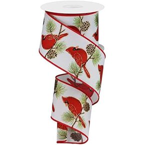 Cardinal on Branch Wired Edge Ribbon - 2.5" x 10 Yards (Cream)