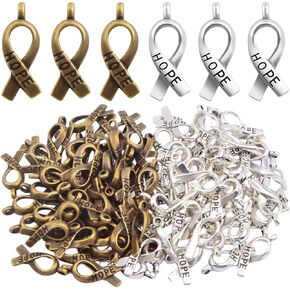 BronaGrand 100pcs Hope Breast Cancer Awareness Ribbon Alloy Charms Pendants DIY for Necklaces Bracelets, Antiqued Silver and Bronze