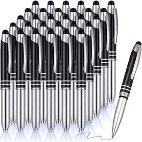 30 Pieces LED Ballpoint Pen with Stylus Tip, Multi-Function Capacitive Pen With LED Flashlight, 1.0 mm Black Ink Metal Pen Stylus Pen for Touch Screens, 3 In 1 Stylus Ballpoint Pen(Multiple Colors)