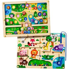 2 in 1 Magnetic Color and Number Maze Magnet Alphabet Counting Dinosaur Double Sided Board Wood Puzzle Fine Motor Skills Montessori Preschool Toys Gifts for Boys and Girls 3-5 Age (Zoo, One Size)