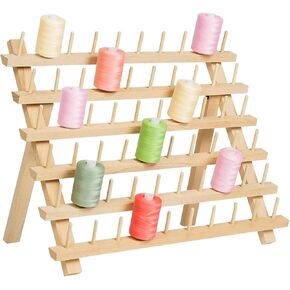 60 Spools Thread Holder Organizer with Hanging Hooks, Wall Mounted Thread Rack, Wooden Thread Holder for Wall, Sewing Organization for Embroidery Quilting, Hair Stand Durable Hair Braiding-Smooth Wood
